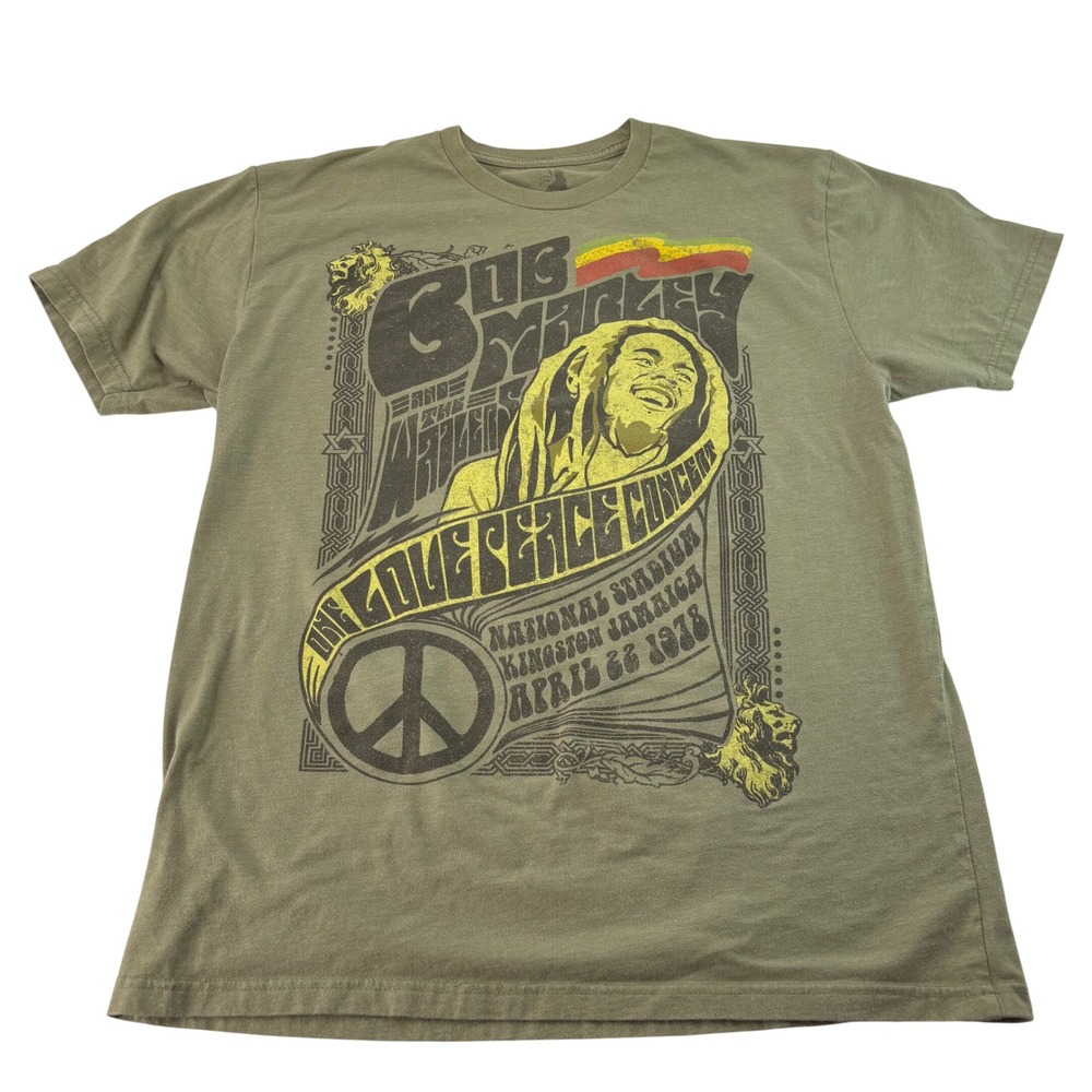Bob Marley Zion Rootswear One Love Peace Concert 1978 Graphic TShirt Men L Green